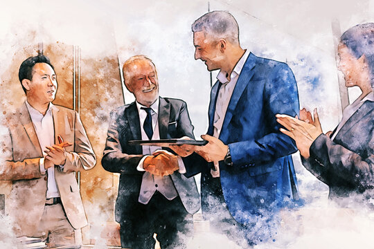 Abstract business persons meeting for teamwork on watercolor illustration painting background