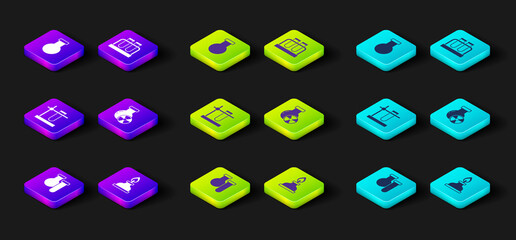 Set Test tube and flask, Alcohol or spirit burner, on stand, radiation, and icon. Vector