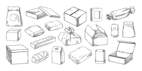 Box and package sketch. Hand drawn open and closed delivery containers and breakfast lunchbox. Cardboard package. Paper food packs. Takeaway snack packaging. Vector meal wrappers set