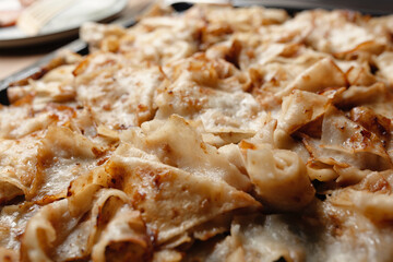 Toasted flat brad in pieces soaked in baking fat, gravy from turkey, Croatian traditional cuisine,...