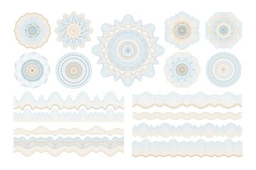 Line watermark. Guilloche thin graphic for diploma or certificate. Voucher and banknote abstract security symbols. Grid and wavy border ornaments. Vector document guarantee elements set - obrazy, fototapety, plakaty