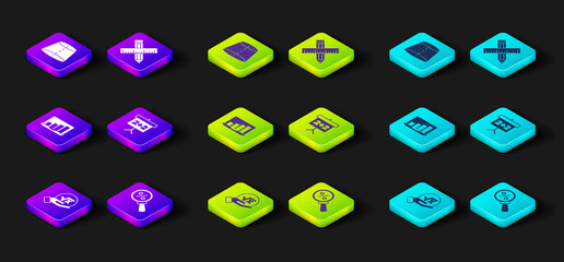 Set Square root of x glyph, Magnifying glass with percent, Laptop graph chart, Chalkboard, Crossed ruler and pencil and Geometric figure icon. Vector