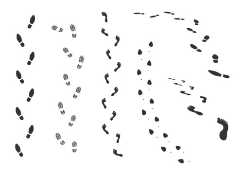 Foot trail. Bare foot and shoe print human trail. Black silhouette walk steps. Male or female leg imprints. Naked soles or footwear tracks. Footstep path. Vector boot shoeprints set