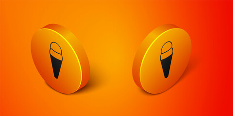 Isometric Ice cream in waffle cone icon isolated on orange background. Sweet symbol. Orange circle button. Vector