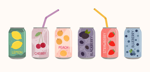 Set of soft drinks in aluminum cans with soda and lemonade, straws. Carbonated non-alcoholic water with fruit, berry flavors. Hand drawn vector illustration isolated on color background