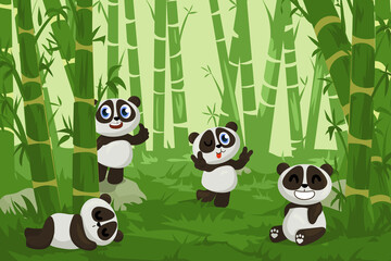 Panda in bamboo garden. Cartoon happy zoo bear character in green forest. Funny Chinese animal mascot with cute emotion expressions. Asian creature sleeping in woodland. Vector background