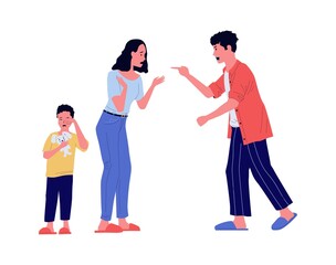 Father yelling at mother who protects child. Family quarrel. Protection of crying son. Unhappy woman. Shouting man. Relationship problem. Stressed communication. Vector arguing parents