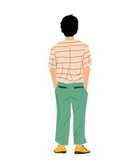 Man with hands in pockets. View from behind on teenager standing in relaxing position. Isolated walking or waiting character. Caucasian guy in casual clothing. Vector thinking person