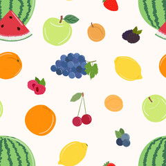 Seamless pattern of fruits and berries. Orange, apple, peach, watermelon, grape and lemon. Blackberry, raspberry, blueberry, cherry. Hand drawn vector illustration