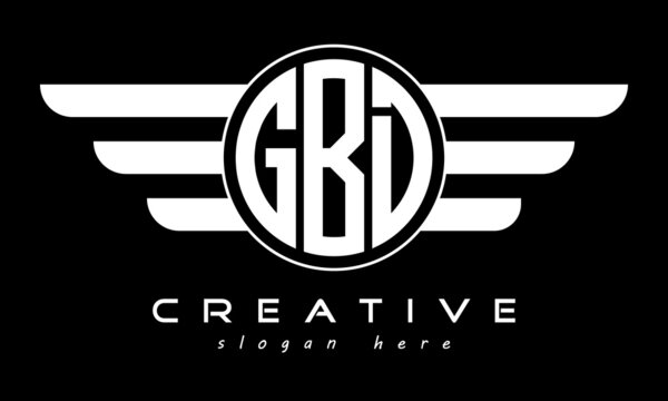 GBD three letter monogram type circle letter logo with wings vector template.