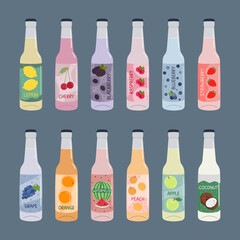 Set of soft drinks in glass bottles with soda and lemonade. Carbonated non-alcoholic water with fruit and berry flavor. Hand drawn vector illustration isolated on blue background