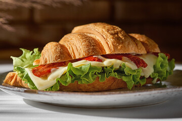 Delicious and healthy breakfast - croissant with chicken, tomatoes, lettuce and cream cheese on a plate.