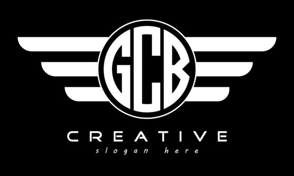 GCB three letter monogram type circle letter logo with wings vector template.