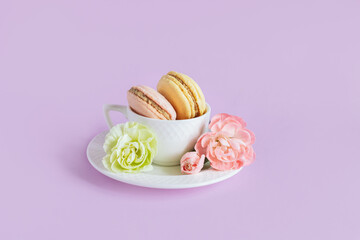 Tasty french macaroons with flowers in a white cup on a violet pastel background.