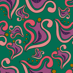 Abstract colorful doodle flower with curls seamless pattern. Fantasy floral background.