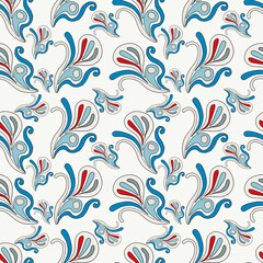 Abstract colorful doodle flower with curls seamless pattern. Fantasy floral background.