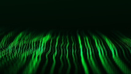 Abstract technology wave of particles. Big data visualization. Dark background with motion lines. Artificial intelligence. 3d rendering.