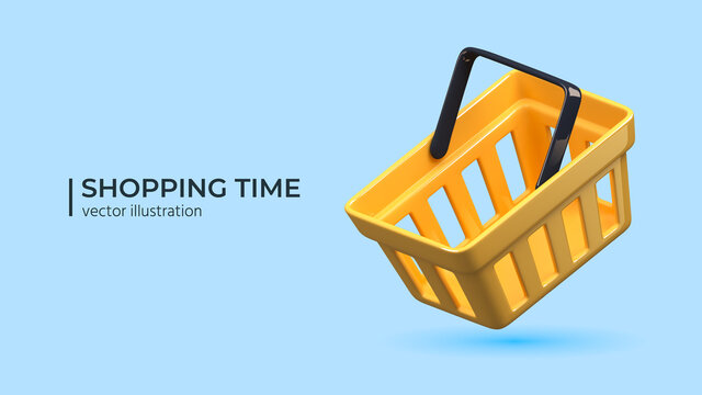 Shopping time - yellow glossy flying realistic shopping cart isolated on blue background. Empty shopping basket. For mobile applications. Vector illustration