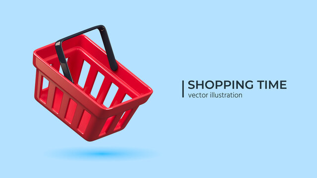 3D glossy flying realistic shopping cart in red color isolated on white background. Empty shopping basket. For mobile applications. Vector illustration