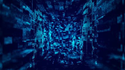 Abstract wireframe tunnel. Blue wormhole. 3D portal grid. Futuristic fantasy funnel. 3d rendering.