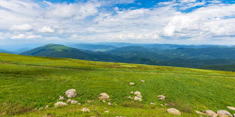 Fototapeta na wymiar beautiful view of green mountain landscape. sunny outdoor nature scenery in summer. stones on the grassy hill. clouds above ridge on horizon in the distance