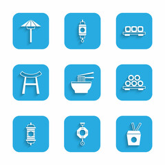 Set Asian noodles in bowl, Chinese paper lantern, Noodles box and chopsticks, Sushi on cutting board, Japan Gate, and Japanese umbrella from the sun icon. Vector