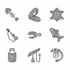 Set Lobster or crab claw, Fishing harpoon, Shrimp, Shark, Sea cucumber jar, Turtle and skeleton icon. Vector