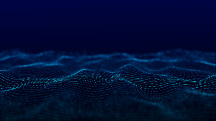 Futuristic digital wave. Dark cyberspace. Abstract wave with dots. White moving particles on background. 3d rendering.