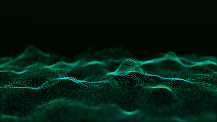 Futuristic digital wave. Dark cyberspace. Abstract wave with dots. White moving particles on background. 3d rendering.