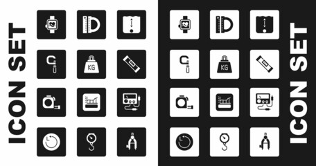 Set Depth measurement, Weight, Micrometer, Smart watch, Construction bubble level, Protractor and ruler, Multimeter, voltmeter and Roulette construction icon. Vector