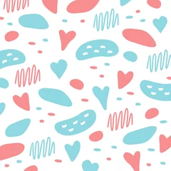 Poster Cute background. Pink and blue spots and hearts on a white background. Flat vector illustration. © Raisa