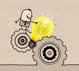 Cartoon Businessman with gears and Light Bulb