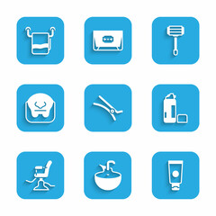Set Hair clip, Washbasin, Cream cosmetic tube, Shaving gel foam, Barbershop chair, Mustache and beard, razor and Towel on hanger icon. Vector
