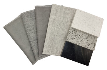 collection of gunny textile fabric samples in grey color tone matched color with artificial stone (quartz) samples. swatches of interior material samples isolated on background with clipping path.