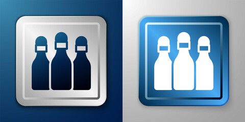 White Bowling pin icon isolated on blue and grey background. Silver and blue square button. Vector