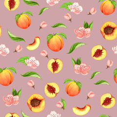 Seamless peach pattern with fruits, leaves, flowers background. Watercolor peach tree seamless background