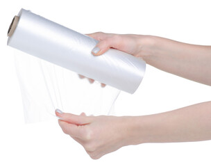 Roll of disposable plastic bags in hand on white background isolation