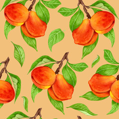 Seamless peach pattern with fruits, leaves, flowers background. Watercolor peach tree seamless background