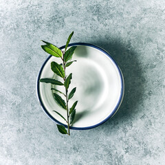 Fresh bay leaves on ceramic plates. Top view. Culinary concept