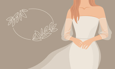 Abstract beautiful woman in a delicate wedding dress. Decorative frame for text from leaves. Concept of wedding salon. Vector simple illustration.