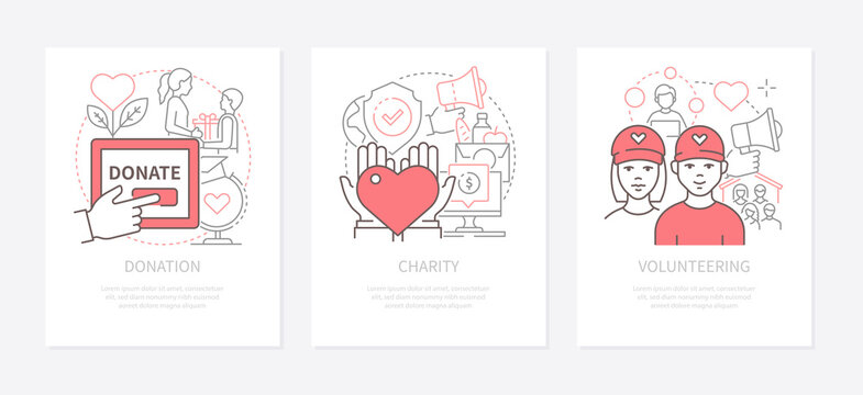 Donations, charity and volunteering - line design style banners set