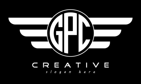 GPC three letter monogram type circle letter logo with wings vector template.