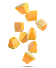 Pieces of delicious ripe melon falling on white background