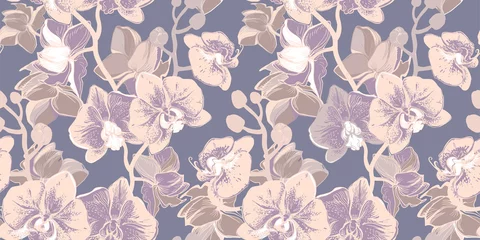 Kussenhoes Sensual orchid flowers in tropical seamless pattern in nude tones. Pastel floral vector elements on calm pink background. Elegant design for textile, fabric, wallpaper, packaging. © Rina Ka