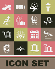 Set Scale with suitcase, Plane landing, Airplane search, Flight time, Tourist, Human waiting airport terminal, Escalator down and seat icon. Vector