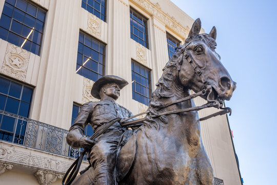 San Antonio, TX - Oct. 18, 2021: This Teddy Roosevelt Jr. statue, cast from the original 1922 mold, is by sculptor Alexander Phimister Proctor and is part of the Alamo Sculpture Trail.