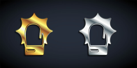Gold and silver Punch in boxing gloves icon isolated on black background. Boxing gloves hitting together with explosive. Long shadow style. Vector