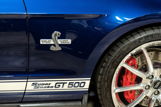 Las Vegas, NV - December 13, 2021: Shelby GT500 Super Snake Ford Mustang blue car with white stripe and red brake calipers at the Shelby Heritage Center