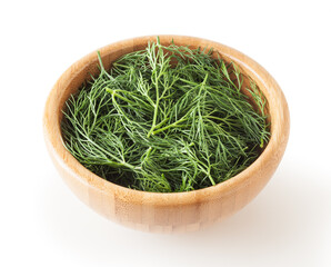 Fresh dill in wooden bowl isolated on white background with clipping path