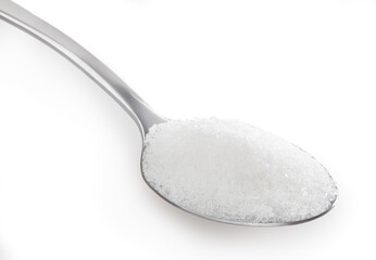 Teaspoon of white sugar isolated on white background with clipping path
